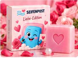 Verpackung und Herz-Seife der Liebe-Edition mit Maskottchen und Rosen