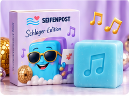 Verpackung und Musiknoten-Seife der Schlager-Edition mit Maskottchen