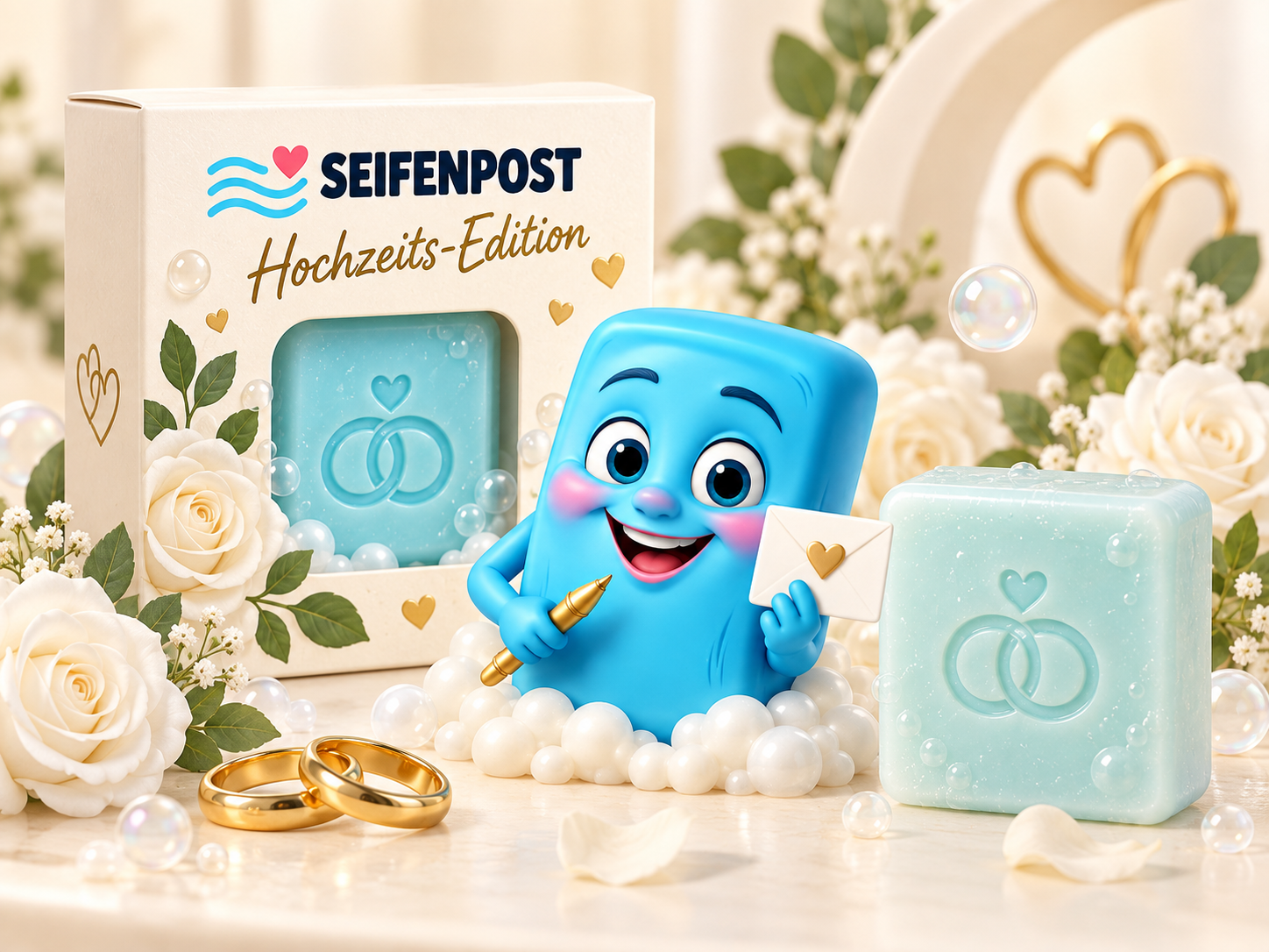 Verpackung und Ringe-Seife der Hochzeits-Edition mit Maskottchen und Rosen